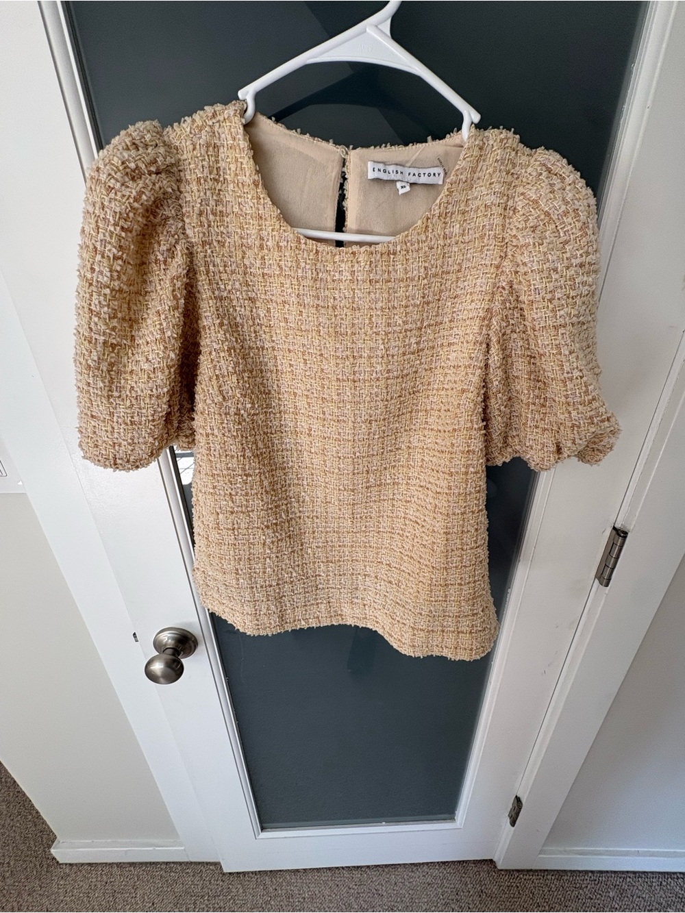 English Factory boucle pink cream and gold knit short puff sleeve top